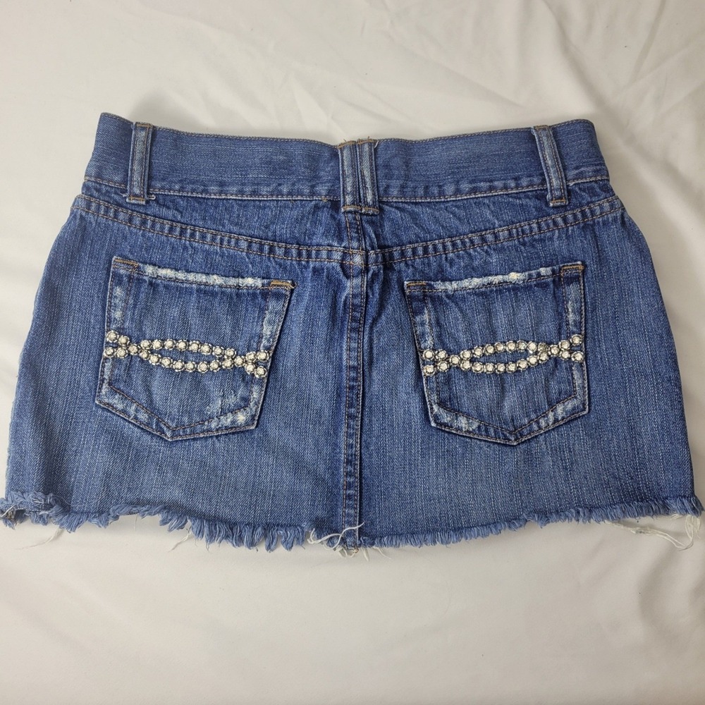 Y2K Abercrombie&Fitch Denim Mini Skirt Women 0 Blue Rhinestone Distress LowRise